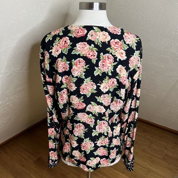 VTG Carol Little Button Down Top Womens 12 Black Pink Floral Beaded Notch Collar - Picture 10 of 10